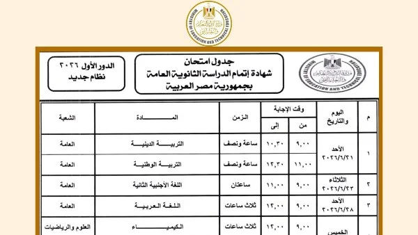 انطلاق امتحانات الثانوية العامة 2026 غدًا: أولى المواد التربية الدينية في التاسعة صباحًا