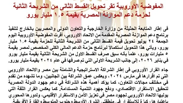 المفوضية الأوروبية توافق على تحويل 1.5 مليار يورو كجزء من حزمة دعم الموازنة المصرية لتعزيز الاستقرار الاقتصادي